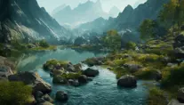 Lake in mountains streams and rivers flow down slopes of mountains and rocks into the valley spring in mountains, 8k, Award-Winning, Highly Detailed, Beautiful, Octane Render, Unreal Engine, Radiant, Volumetric Lighting by Greg Rutkowski