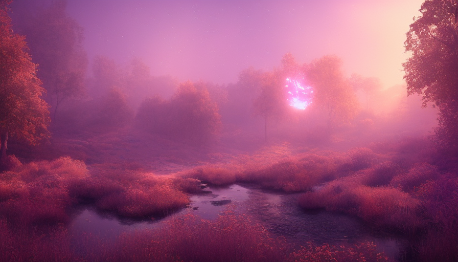Iridescent opalescent landscape, warm tones, 8k, Award-Winning, Highly Detailed, Beautiful, Octane Render, Unreal Engine, Bioluminescent, Radiant, Volumetric Lighting by Michal Karcz