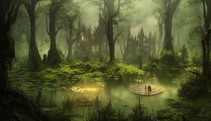 A huge magical pond surrounded by a dense forest, Highly Detailed, Intricate, Artstation, Gothic and Fantasy, Vintage Illustration, Digital Painting, Matte Painting, D&D, Hearthstone, Sharp Focus, Concept Art, Elegant