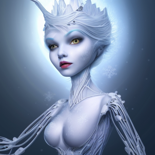 stunningly beautiful snow queen, 4k, 4k resolution, Artstation, Biomechanical, Large Eyes, Digital Illustration, Snow, Alien