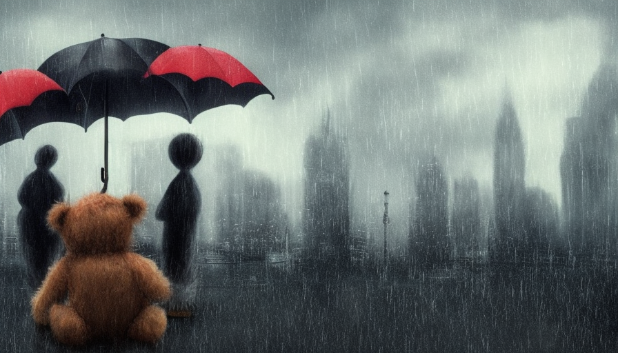 teddy bears at a funeral with umbrellas, 4k, 4k resolution, Highly Detailed, Large Eyes, Digital Illustration, Cityscape, Rainy Day, Stormy Day, Centered, Artwork, 3D art, Fantasy, Realism, Bleak, Dark, Depressing, Dismal, Dreary, Forbidding, Funeral, Haunting, Muted, Ominous, Sad, Shadowy, Stormy, Subdued, Weary, Crepuscular Rays by Edwin Austin Abbey, Richard Anderson, Alex Colville, Eyvind Earle, Christine Ellger
