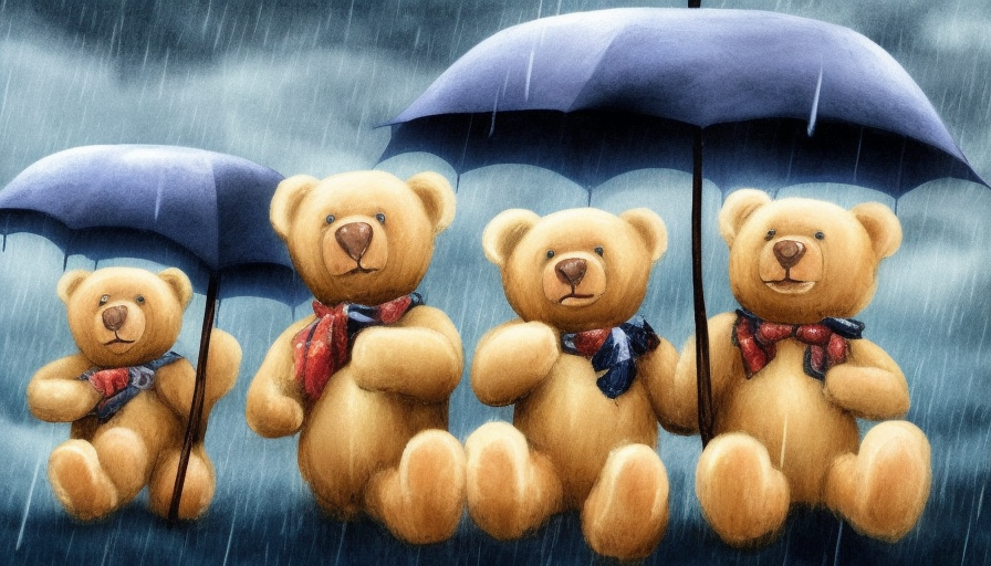 crying teddy bears at a rainy funeral with umbrellas, four bears are carrying a coffin, 4k, 4k resolution, Highly Detailed, Large Eyes, Digital Illustration, Cityscape, Rainy Day, Stormy Day, Centered, Artwork, 3D art, Fantasy, Realism, Bleak, Dark, Depressing, Dismal, Dreary, Forbidding, Funeral, Haunting, Muted, Ominous, Sad, Shadowy, Stormy, Subdued, Weary, Crepuscular Rays by Edwin Austin Abbey, Richard Anderson, Alex Colville, Eyvind Earle, Christine Ellger