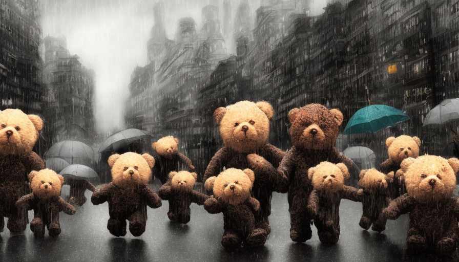 crying teddy bears following a coffin down the street in the rain, holding umbrellas, 4k, 4k resolution, Foreboding, Highly Detailed, Hyper Detailed, Intricate Artwork, Intricate Details, Ultra Detailed, Large Eyes, Digital Illustration, Cityscape, Rainy Day, Stormy Day, Photo Realistic, Centered, Dim light, Moody Lighting, Overcast light, Artwork, 3D art, Fantasy, Realism, Bleak, Dark, Depressing, Dismal, Dreary, Forbidding, Funeral, Haunting, Muted, Ominous, Sad, Shadowy, Stormy, Subdued, Weary by Edwin Austin Abbey, Richard Anderson, Alex Colville, Eyvind Earle, Christine Ellger
