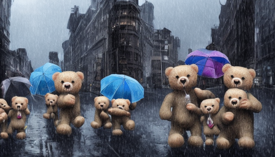 many crying teddy bears following a coffin down a city street street in the rain, holding umbrellas, 4k, 4k resolution, Foreboding, Highly Detailed, Hyper Detailed, Intricate Artwork, Intricate Details, Ultra Detailed, Large Eyes, Digital Illustration, Cityscape, Rainy Day, Stormy Day, Photo Realistic, Centered, Dim light, Moody Lighting, Overcast light, Artwork, 3D art, Fantasy, Realism, Bleak, Dark, Depressing, Dismal, Dreary, Forbidding, Funeral, Haunting, Muted, Ominous, Sad, Shadowy, Stormy, Subdued, Weary by Edwin Austin Abbey, Richard Anderson, Alex Colville, Eyvind Earle, Christine Ellger