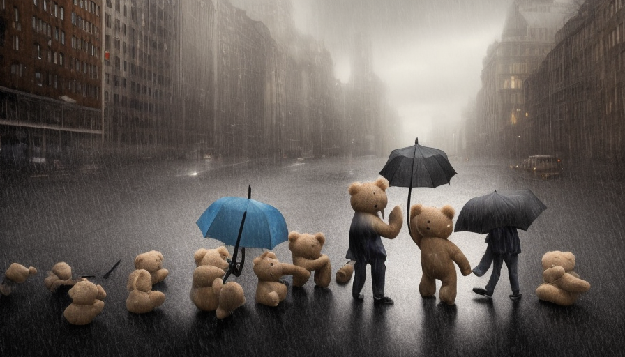 many crying teddy bears following a coffin down a city street in the rain, holding umbrellas, on the way to the funeral, 4k, 4k resolution, Foreboding, Highly Detailed, Hyper Detailed, Intricate Artwork, Intricate Details, Ultra Detailed, Large Eyes, Digital Illustration, Cityscape, Rainy Day, Stormy Day, Photo Realistic, Centered, Dim light, Moody Lighting, Overcast light, Artwork, 3D art, Fantasy, Realism, Bleak, Dark, Depressing, Dismal, Dreary, Forbidding, Funeral, Haunting, Muted, Ominous, Sad, Shadowy, Stormy, Subdued, Weary by Edwin Austin Abbey, Richard Anderson, Alex Colville, Eyvind Earle, Christine Ellger