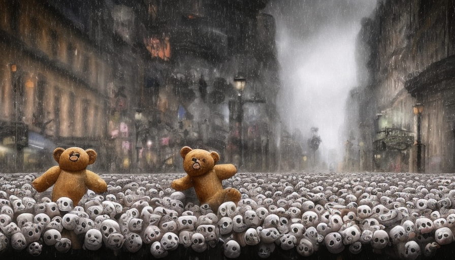 hundreds of crying teddy bears following a coffin down a city street in the rain, holding umbrellas, on the way to the funeral, 4k, 4k resolution, Foreboding, Highly Detailed, Hyper Detailed, Intricate Artwork, Intricate Details, Ultra Detailed, Large Eyes, Digital Illustration, Cityscape, Rainy Day, Stormy Day, Photo Realistic, Centered, Dim light, Moody Lighting, Overcast light, Desaturated, Artwork, 3D art, Fantasy, Realism, Bleak, Dark, Depressing, Dismal, Dreary, Forbidding, Funeral, Haunting, Muted, Ominous, Sad, Shadowy, Stormy, Subdued, Weary by Edwin Austin Abbey, Richard Anderson, Alex Colville, Eyvind Earle, Christine Ellger