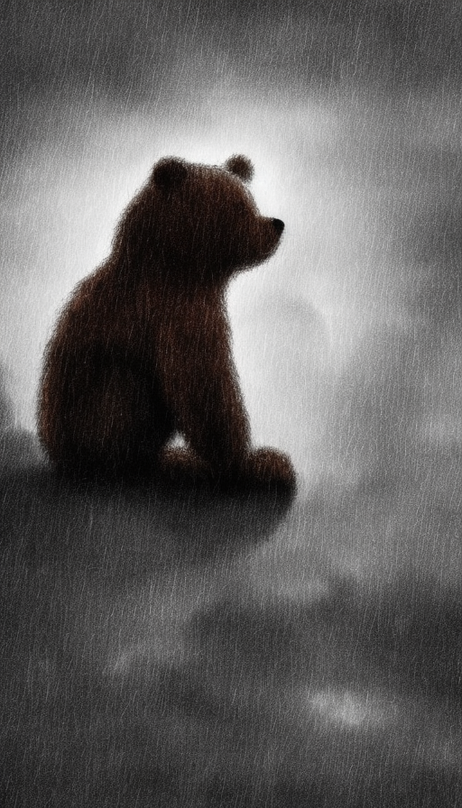 sad teddy bear, crying, in the rain, sitting under the stairs, 4k, 4k resolution, Foreboding, Highly Detailed, Hyper Detailed, Intricate Artwork, Intricate Details, Ultra Detailed, Large Eyes, Digital Illustration, Cityscape, Rainy Day, Stormy Day, Photo Realistic, Centered, Dim light, Moody Lighting, Overcast light, Desaturated, Artwork, 3D art, Fantasy, Realism, Bleak, Dark, Depressing, Dismal, Dreary, Forbidding, Funeral, Haunting, Muted, Ominous, Sad, Shadowy, Stormy, Subdued, Weary by Edwin Austin Abbey, Richard Anderson, Alex Colville, Eyvind Earle, Christine Ellger