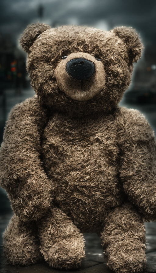 teddy bear abandoned in the rain, 4k, 4k resolution, Foreboding, Highly Detailed, Hyper Detailed, Intricate Artwork, Intricate Details, Ultra Detailed, Large Eyes, Digital Illustration, Cityscape, Rainy Day, Stormy Day, Photo Realistic, Centered, Dim light, Moody Lighting, Overcast light, Desaturated, Artwork, 3D art, Fantasy, Realism, Bleak, Dark, Depressing, Dismal, Dreary, Forbidding, Funeral, Haunting, Muted, Ominous, Sad, Shadowy, Stormy, Subdued, Weary by Edwin Austin Abbey, Richard Anderson, Alex Colville, Eyvind Earle, Christine Ellger