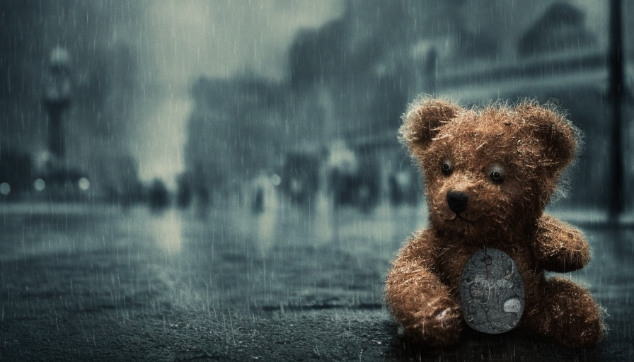 small teddy bear abandoned in the rain, 4k, 4k resolution, Foreboding, Highly Detailed, Hyper Detailed, Intricate Artwork, Intricate Details, Ultra Detailed, Large Eyes, Digital Illustration, Cityscape, Rainy Day, Stormy Day, Photo Realistic, Centered, Dim light, Moody Lighting, Overcast light, Desaturated, Artwork, 3D art, Fantasy, Realism, Bleak, Dark, Depressing, Dismal, Dreary, Forbidding, Funeral, Haunting, Muted, Ominous, Sad, Shadowy, Stormy, Subdued, Weary by Edwin Austin Abbey, Richard Anderson, Alex Colville, Eyvind Earle, Christine Ellger