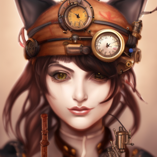Steampunk catgirl with cat tail and cat nose, Highly Detailed, Intricate, Artstation, Beautiful, Digital Painting, Sharp Focus, Concept Art, Elegant