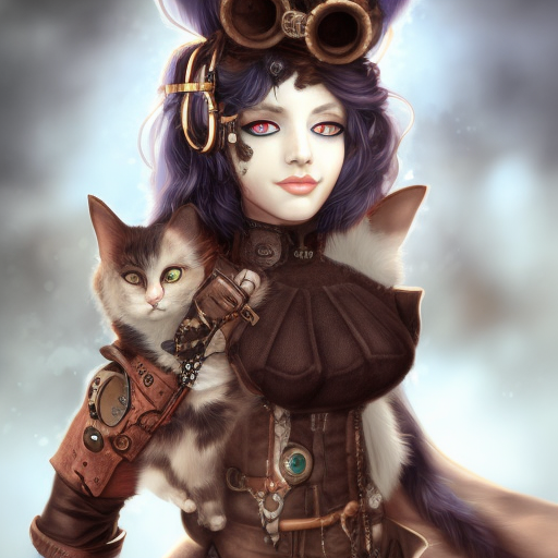 Steampunk catgirl with cat tail, nose, and eyes, HDR, High Definition, High Resolution, Highly Detailed, Hyper Detailed, Intricate, Masterpiece, Ultra Detailed, Artstation, Beautiful, Digital Painting, Sharp Focus, Concept Art, Elegant