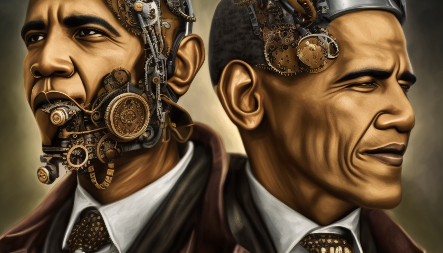 portrait of steampunk obama, 4k resolution, 8k, HDR, High Definition, High Resolution, Highly Detailed, Hyper Detailed, Intricate, Intricate Artwork, Intricate Details, Masterpiece, Ultra Detailed, Steampunk, Digital Painting, Sharp Focus, Dynamic Lighting