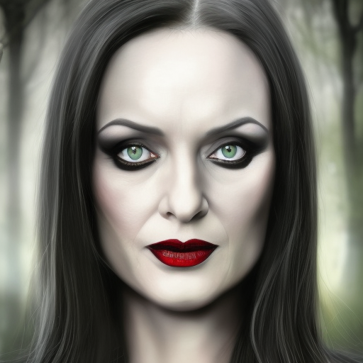 Alluring matte portrait of a beautiful Morticia Addams in the style of Stefan Kostic, 8k, High Definition, Highly Detailed, Intricate, Half Body, Matte Painting, Realistic, Sharp Focus, Fantasy, Elegant, Funeral