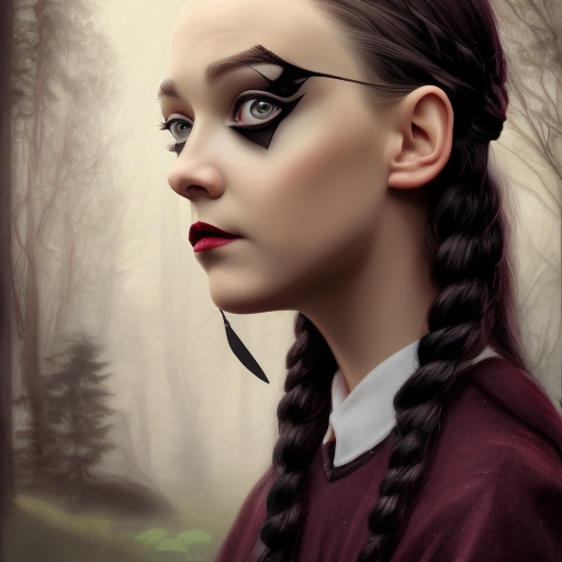 Alluring matte portrait of a beautiful Wednesday Addams in the style of Stefan Kostic, 8k, High Definition, Highly Detailed, Intricate, Half Body, Matte Painting, Realistic, Sharp Focus, Fantasy, Elegant, Funeral, Haunting