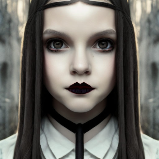 Alluring matte portrait of a beautiful Wednesday Addams in the style of Stefan Kostic, 8k, High Definition, Highly Detailed, Intricate, Half Body, Matte Painting, Realistic, Sharp Focus, Fantasy, Elegant, Funeral, Haunting, Terrifying