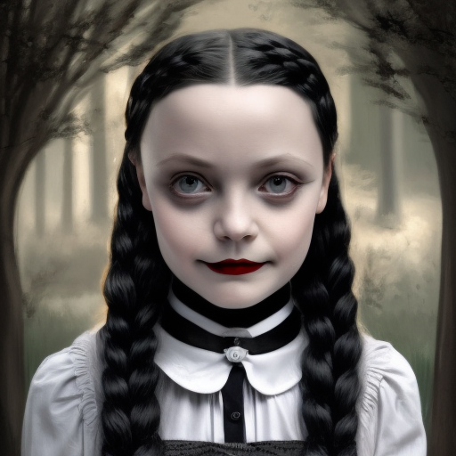 Alluring matte portrait of a beautiful Wednesday Addams in the style of Stefan Kostic, 8k, High Definition, Highly Detailed, Intricate, Half Body, Matte Painting, Edwardian, Realistic, Sharp Focus, Dim light, Low Key Light, Moody Lighting, Fantasy, Elegant, Funeral, Gloomy, Somber