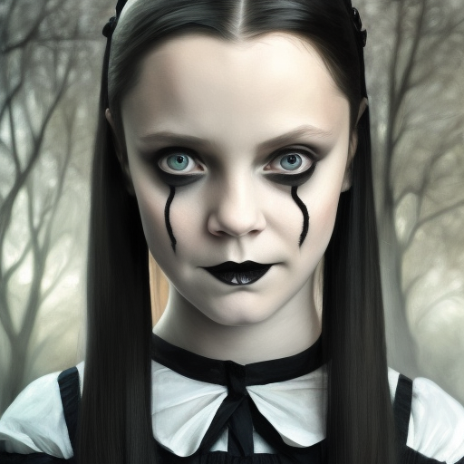 Alluring matte portrait of a beautiful Wednesday Addams in the style of Stefan Kostic, 8k, High Definition, Highly Detailed, Intricate, Half Body, Matte Painting, Realistic, Sharp Focus, Fantasy, Elegant, Funeral, Haunting, Terrifying, Threatening