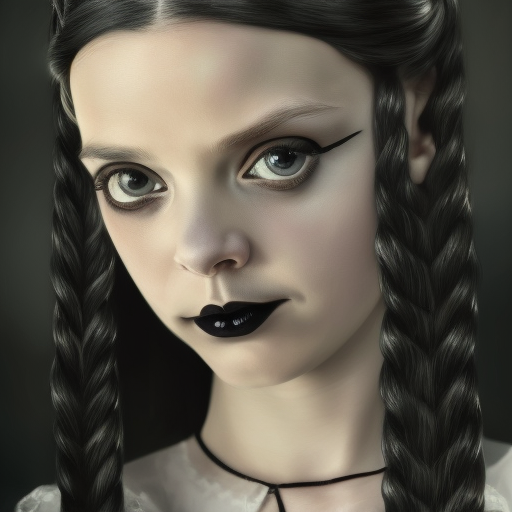 Alluring matte portrait of a beautiful Wednesday Addams in the style of Stefan Kostic, 8k, High Definition, Highly Detailed, Intricate, Closeup of Face, Half Body, Matte Painting, Edwardian, Realistic, Sharp Focus, Moody Lighting, Desaturated, Fantasy, Elegant, Funeral, Threatening