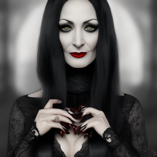 portrait of a beautiful Morticia Addams in the style of Stefan Kostic, 8k, High Definition, Highly Detailed, Intricate, Half Body, Matte Painting, Edwardian, Realistic, Sharp Focus, Moody Lighting, Desaturated, Closeup Portrait, Fantasy, Threatening