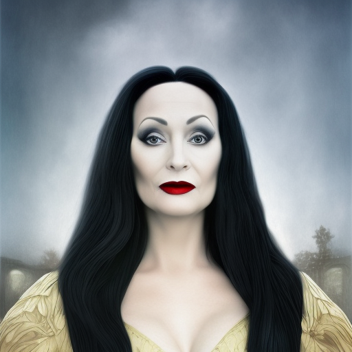 portrait of a beautiful Morticia Addams in the style of Stefan Kostic, knitting a sweater, 8k, High Definition, Highly Detailed, Intricate, Half Body, Matte Painting, Edwardian, Realistic, Sharp Focus, Fantasy