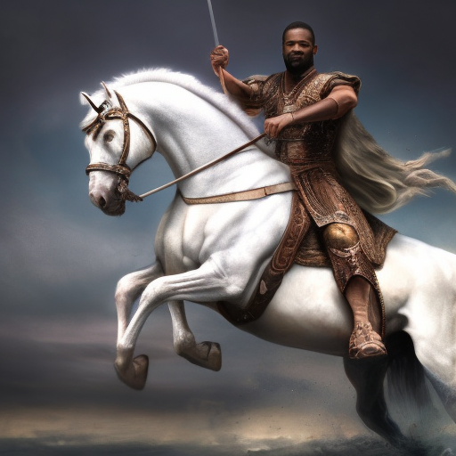 Isaiah Mustafa riding a white horse, 4k, 4k resolution, 8k, High Definition, High Resolution, Highly Detailed, HQ, Hyper Detailed, Intricate, Intricate Artwork, Intricate Details, Ultra Detailed, Half Body, Beautiful, Matte Painting, Edwardian, Realistic, Sharp Focus, Fantasy by Stefan Kostic