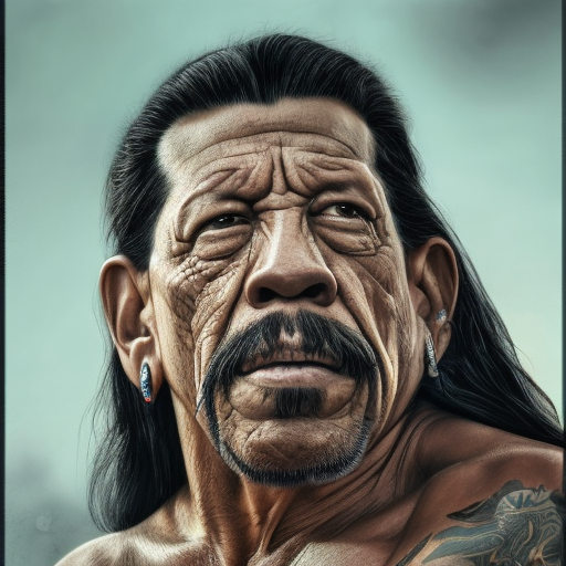 Alluring portrait of Danny Trejo, 4k, 4k resolution, 8k, High Definition, High Resolution, Highly Detailed, HQ, Hyper Detailed, Intricate, Intricate Artwork, Intricate Details, Ultra Detailed, Half Body, Beautiful, Matte Painting, Realistic, Sharp Focus, Fantasy by Stefan Kostic