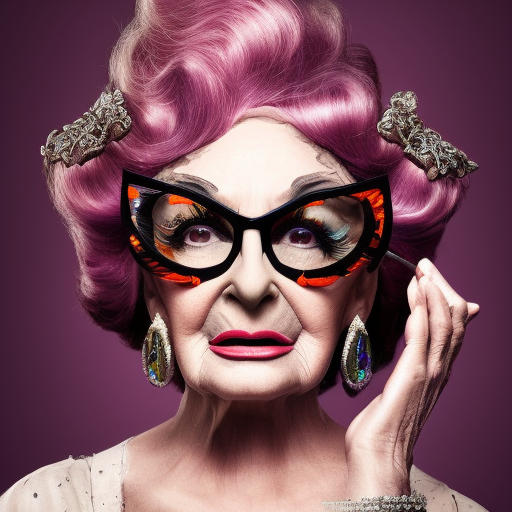 Alluring portrait of Dame Edna, 4k, 4k resolution, 8k, Dystopian, Foreboding, High Definition, High Resolution, Highly Detailed, HQ, Hyper Detailed, Intricate, Intricate Artwork, Intricate Details, Ultra Detailed, Half Body, Beautiful, Gorgeous, Matte Painting, Realistic, Sharp Focus, Fantasy by Stefan Kostic