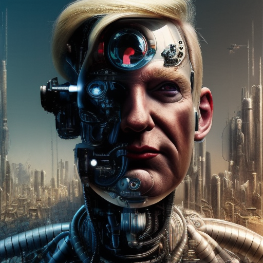 Alluring portrait of cyborg Donald Trump, 8k, Dystopian, High Definition, Highly Detailed, Hyper Detailed, Intricate, Intricate Artwork, Intricate Details, Ultra Detailed, Cybernatic and Sci-Fi, Half Body, Post-Apocalyptic, Futuristic, Sci-Fi, Science Fiction, Matte Painting, Sharp Focus by Stefan Kostic