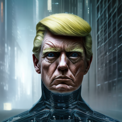 Alluring portrait of Android Donald Trump, 8k, Dystopian, High Definition, Highly Detailed, Hyper Detailed, Intricate, Intricate Artwork, Intricate Details, Ultra Detailed, Cybernatic and Sci-Fi, Half Body, Post-Apocalyptic, Futuristic, Sci-Fi, Science Fiction, Matte Painting, Sharp Focus by Stefan Kostic