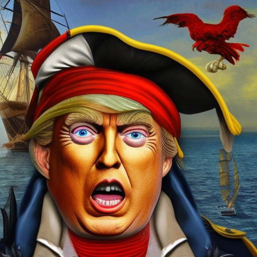 pirate captain Donald Trump with a parrot, 8k, High Definition, Highly Detailed, Hyper Detailed, Intricate, Intricate Artwork, Intricate Details, Ultra Detailed, Full Body, Matte Painting, Sharp Focus, 18th Century Colour Palette