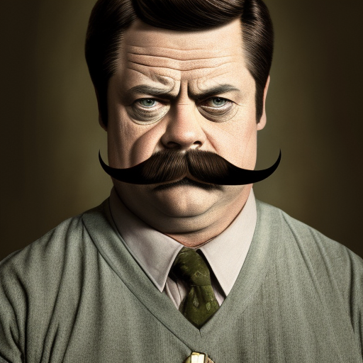 Ron Swanson. Fu Manchu mustache, 4k, 4k resolution, 8k, High Definition, High Resolution, Highly Detailed, HQ, Hyper Detailed, Intricate, Intricate Artwork, Intricate Details, Ultra Detailed, Half Body, Beautiful, Gorgeous, Matte Painting, Realistic, Sharp Focus, Fantasy by Stefan Kostic