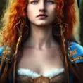 Merida of DunBroch, High Definition, Highly Detailed, Hyper Detailed, Intricate Artwork, Intricate Details, Ultra Detailed, Closeup of Face, Half Body, Beautiful, Matte Painting, Sharp Focus, Centered, Closeup Portrait, Portrait, Fantasy, Threatening by Stefan Kostic
