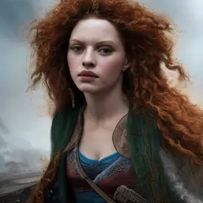 Merida of DunBroch, High Definition, Highly Detailed, Hyper Detailed, Intricate Artwork, Intricate Details, Ultra Detailed, Closeup of Face, Half Body, Beautiful, Matte Painting, Sharp Focus, Centered, Closeup Portrait, Portrait, Fantasy, Apocalyptic, Dreadful, Ominous, Threatening by Stefan Kostic