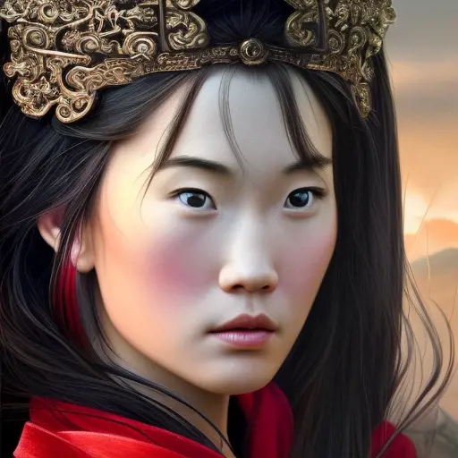 Mulan, High Definition, Highly Detailed, Hyper Detailed, Intricate Artwork, Intricate Details, Ultra Detailed, Closeup of Face, Half Body, Beautiful, Brunette, Matte Painting, Sharp Focus, Centered, Closeup Portrait, Portrait, Fantasy by Stefan Kostic