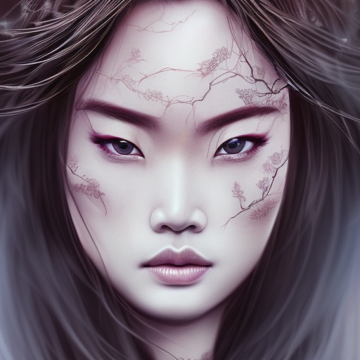Mulan, High Definition, Highly Detailed, Hyper Detailed, Intricate Artwork, Intricate Details, Ultra Detailed, Closeup of Face, Half Body, Beautiful, Brunette, Small Eyes, Matte Painting, Sharp Focus, Centered, Closeup Portrait, Portrait, Fantasy, Ominous, Sinister, Terrifying, Threatening, Unnerving by Stefan Kostic