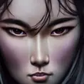 Mulan, High Definition, Highly Detailed, Hyper Detailed, Intricate Artwork, Intricate Details, Ultra Detailed, Closeup of Face, Half Body, Beautiful, Brunette, Small Eyes, Matte Painting, Sharp Focus, Centered, Closeup Portrait, Portrait, Fantasy, Ominous, Sinister, Terrifying, Threatening, Unnerving by Stefan Kostic