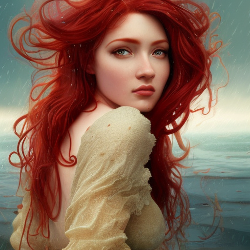 Ariel, High Definition, Highly Detailed, Hyper Detailed, Intricate Artwork, Intricate Details, Ultra Detailed, Closeup of Face, Half Body, Beautiful, Red Hair, Matte Painting, Sharp Focus, Centered, Closeup Portrait, Portrait, Fantasy by Stefan Kostic