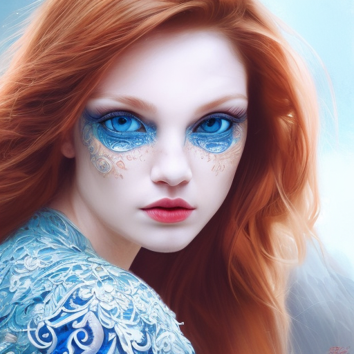 Ariel, blue eyes, High Definition, Highly Detailed, Hyper Detailed, Intricate Artwork, Intricate Details, Ultra Detailed, Closeup of Face, Half Body, Beautiful, Full Lips, Large Eyes, Red Hair, Small Nose, Matte Painting, Sharp Focus, Centered, Fantasy by Stefan Kostic