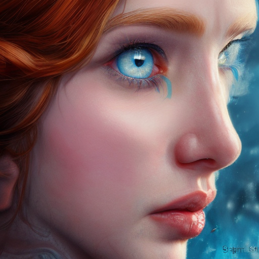 Ariel, blue eyes, High Definition, Highly Detailed, Hyper Detailed, Intricate Artwork, Intricate Details, Ultra Detailed, Closeup of Face, Half Body, Beautiful, Full Lips, Large Eyes, Red Hair, Small Nose, Matte Painting, Sharp Focus, Centered, Fantasy by Stefan Kostic