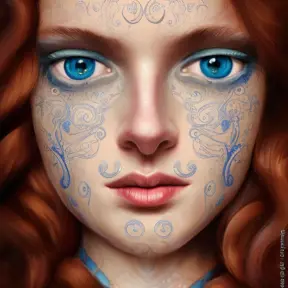 Ariel, blue eyes, High Definition, Highly Detailed, Hyper Detailed, Intricate Artwork, Intricate Details, Ultra Detailed, Closeup of Face, Half Body, Beautiful, Full Lips, Large Eyes, Red Hair, Small Nose, Matte Painting, Sharp Focus, Centered by Stefan Kostic
