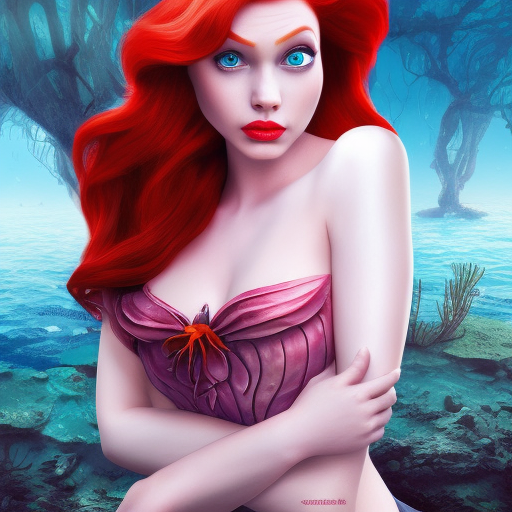 princess Ariel, High Definition, Highly Detailed, Half Body, Beautiful, Full Lips, Large Eyes, Red Hair, Small Nose, Matte Painting, Sharp Focus, Centered by Stefan Kostic