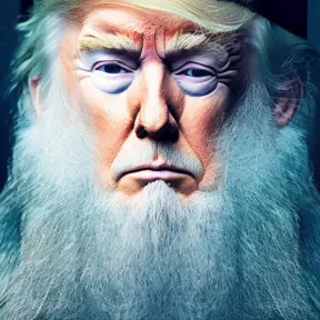 alluring portrait of Donald Trump with a big bushy beard like Dumbledore, 4k, 4k resolution, 8k, HD, High Definition, High Resolution, Half Body, Beautiful, Large Nose, Matte Painting, Sharp Focus, Matte, Fantasy by Stefan Kostic