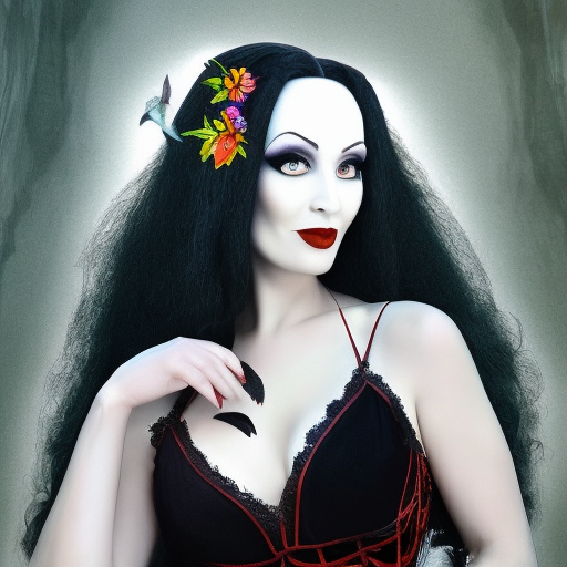 Morticia Addams with deely boppers, 4k, 4k resolution, 8k, HD, High Definition, High Resolution, Beautiful, Matte Painting, Fantasy, Colorful, Energetic, Joyful, Vibrant by Stefan Kostic