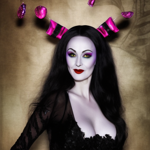 Morticia Addams with deely boppers and glitter , 4k, 4k resolution, 8k, HD, High Definition, High Resolution, Beautiful, Matte Painting, Fantasy, Colorful, Energetic, Joyful, Vibrant by Stefan Kostic