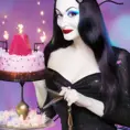Morticia Addams with deely boppers antenna and glitter and a cake, 4k, 4k resolution, 8k, HD, High Definition, High Resolution, Beautiful, Matte Painting, Fantasy, Colorful, Energetic, Joyful, Vibrant by Stefan Kostic