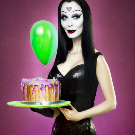 Morticia Addams with deely boppers antenna and glitter and a cake, 4k, 4k resolution, 8k, HD, High Definition, High Resolution, Beautiful, Matte Painting, Fantasy, Colorful, Energetic, Joyful, Vibrant by Stefan Kostic