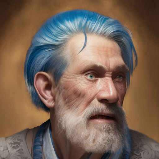 portrait of an old man, 8k, Highly Detailed, Intricate, Half Body, Beautiful, Blue Hair, Large Eyes, Pretty Face, Rosy Cheeks, Slim Nose, Smiling, Strong Jaw, Matte Painting, Realistic, Sharp Focus, Volumetric Lighting, Fantasy, Elegant, Muscular by Stanley Artgerm Lau, Alphonse Mucha, WLOP