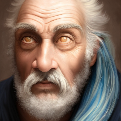 portrait of an old man, 8k, Highly Detailed, Intricate, Half Body, Beautiful, Blue Hair, Large Eyes, Pretty Face, Rosy Cheeks, Slim Nose, Smiling, Strong Jaw, Matte Painting, Realistic, Sharp Focus, Volumetric Lighting, Fantasy, Elegant, Muscular by Stanley Artgerm Lau, Alphonse Mucha, WLOP