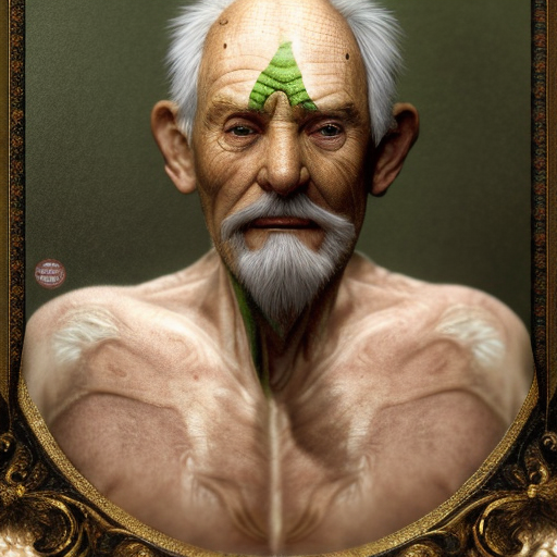 wrinkled old man, 8k, Highly Detailed, Intricate, Half Body, Beautiful, Freckles, Green Hair, Large Eyes, Pretty Face, Rosy Cheeks, Slim Nose, Smiling, Strong Jaw, Matte Painting, Realistic, Sharp Focus, Volumetric Lighting, Fantasy, Elegant, Muscular by Stanley Artgerm Lau, Alphonse Mucha, WLOP