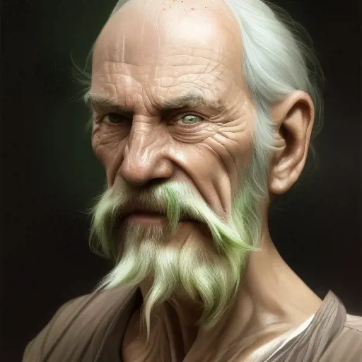 wrinkled old man, 8k, Highly Detailed, Intricate, Half Body, Beautiful, Freckles, Green Hair, Large Eyes, Pretty Face, Rosy Cheeks, Slim Nose, Smiling, Strong Jaw, Matte Painting, Realistic, Sharp Focus, Volumetric Lighting, Fantasy, Elegant, Muscular by Stanley Artgerm Lau, Alphonse Mucha, WLOP
